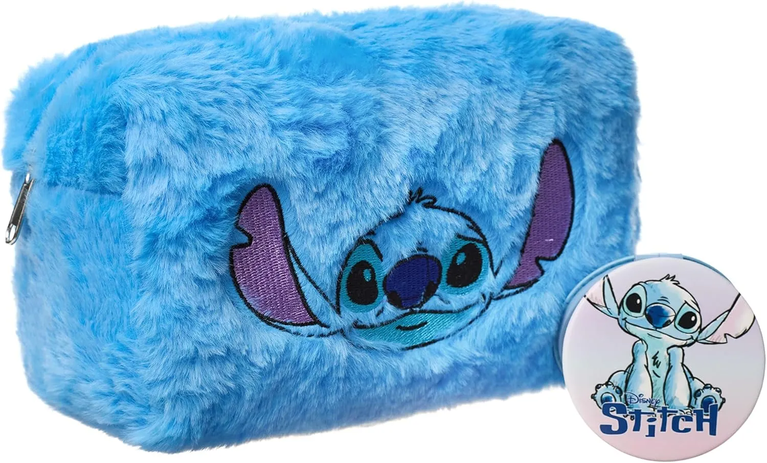 Disney Lilo & Stitch Makeup Bag & Mirror | Ladies Blue Fur Cosmetic Pouch with Stitch Character Face | Travel Beauty Case
