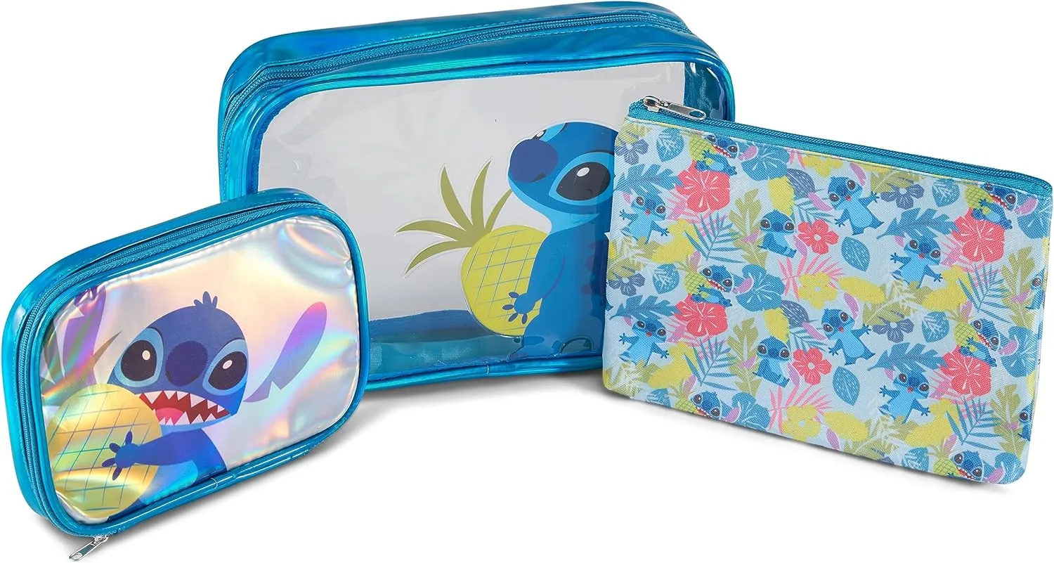 Disney Lilo and Stitch Cosmetic Case Set - Girls, Boys, Teens, Adults - Officially Licensed Lilo and Stitch Travel Cosmetic Case 3 Piece Set (Blue)