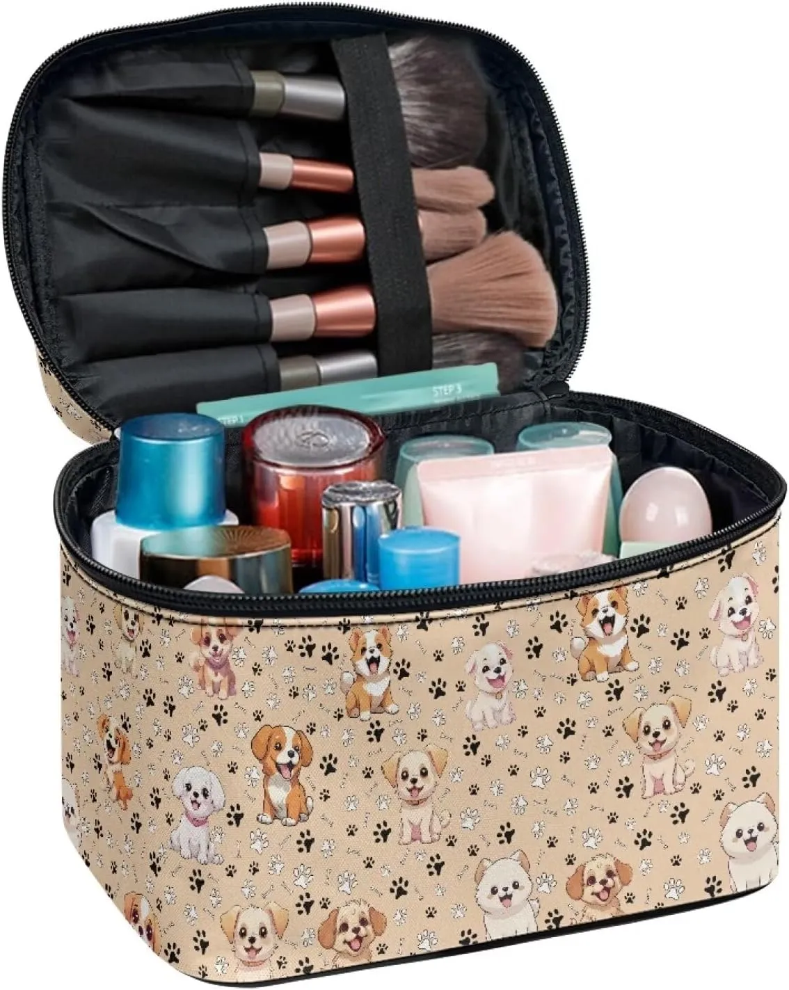 Dog Paw Travel Cosmetic Bag for Women Girls Zipper Brushes Storage Bag Portable Brushes Case with Handle Easy to Clean for Weekend Getaways, Vacations, Weekender
