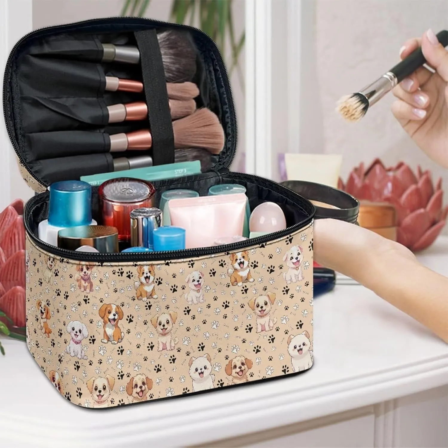 Dog Paw Travel Cosmetic Bag for Women Girls Zipper Brushes Storage Bag Portable Brushes Case with Handle Easy to Clean for Weekend Getaways, Vacations, Weekender