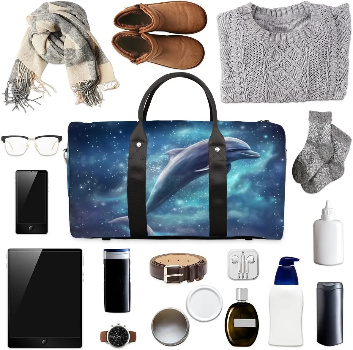 Dolphin Galaxy Travel Duffle Bag for Women Men Gym Duffel Foldable Bag Waterproof Weekender Jumping Dolphins Duffle Tote