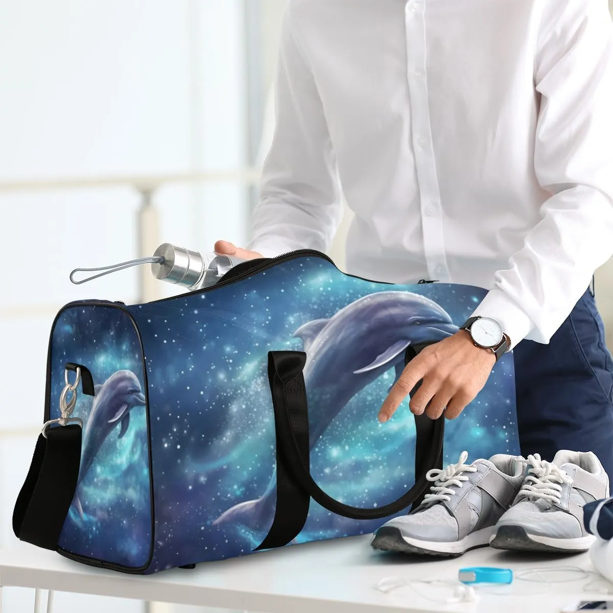 Dolphin Galaxy Travel Duffle Bag for Women Men Gym Duffel Foldable Bag Waterproof Weekender Jumping Dolphins Duffle Tote