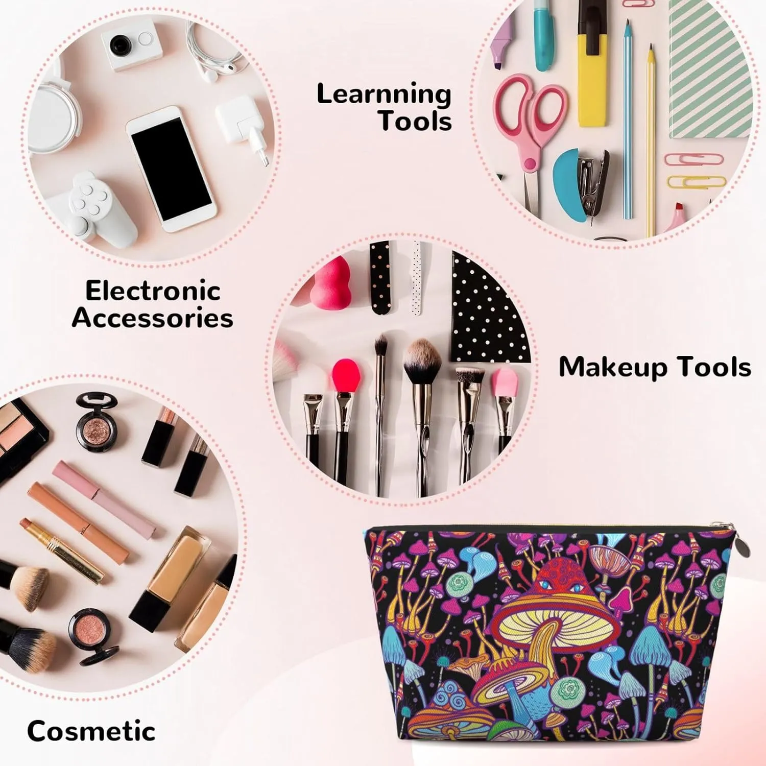 Doodle Mushrooms Small Makeup Bag for Women - Leather Travel Cosmetic Bag Make Up Pouch Mini Travel Zipper Pouch - Makeup Organizer Bag