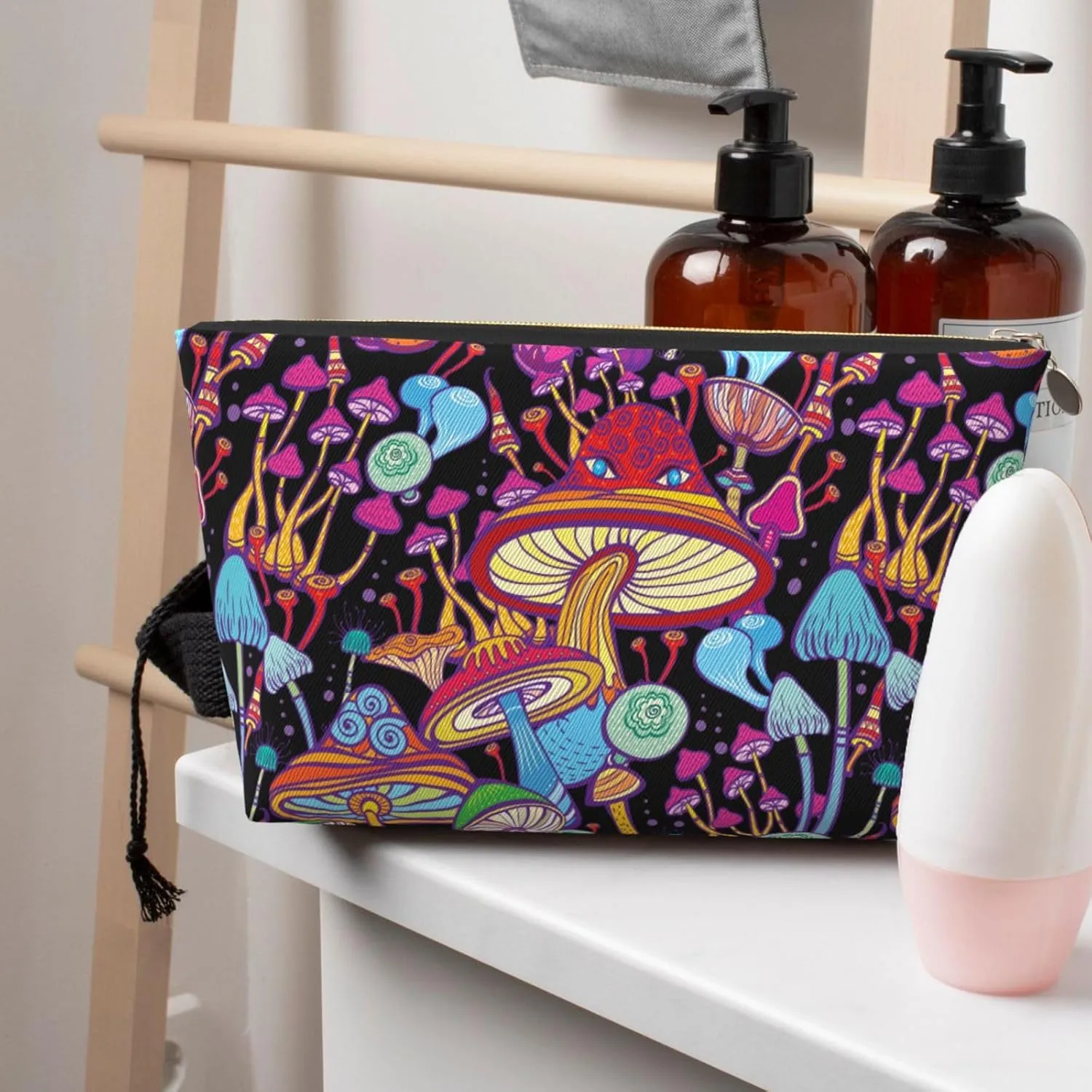 Doodle Mushrooms Small Makeup Bag for Women - Leather Travel Cosmetic Bag Make Up Pouch Mini Travel Zipper Pouch - Makeup Organizer Bag