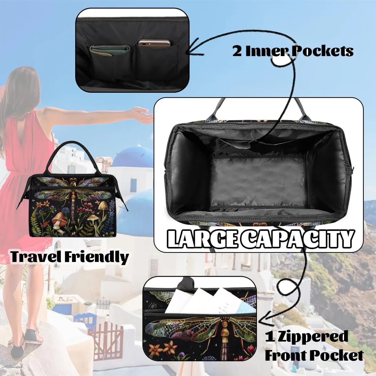 Dragonfly Nebula Mushroom Weekender Overnight Bag for Women Waterproof Carry On Travel Duffle Bags with Pocket Lightweight Sports Gym Tote Bag Large Luggage Workout Personal Item Hospital Bags
