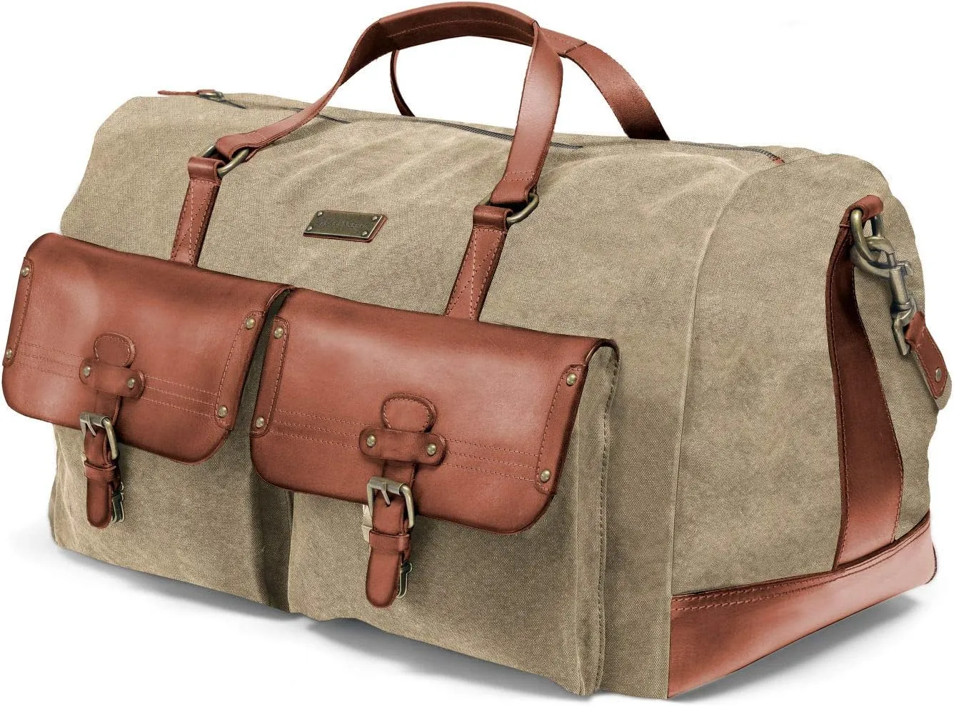 DRAKENSBERG Duffle bag 'Steve' - large weekender, travel duffel and gym bag in striking vintage safari design, ladies, men, sustainably handmade, canvas, leather, 60L, khaki-beige, brown, DR00104