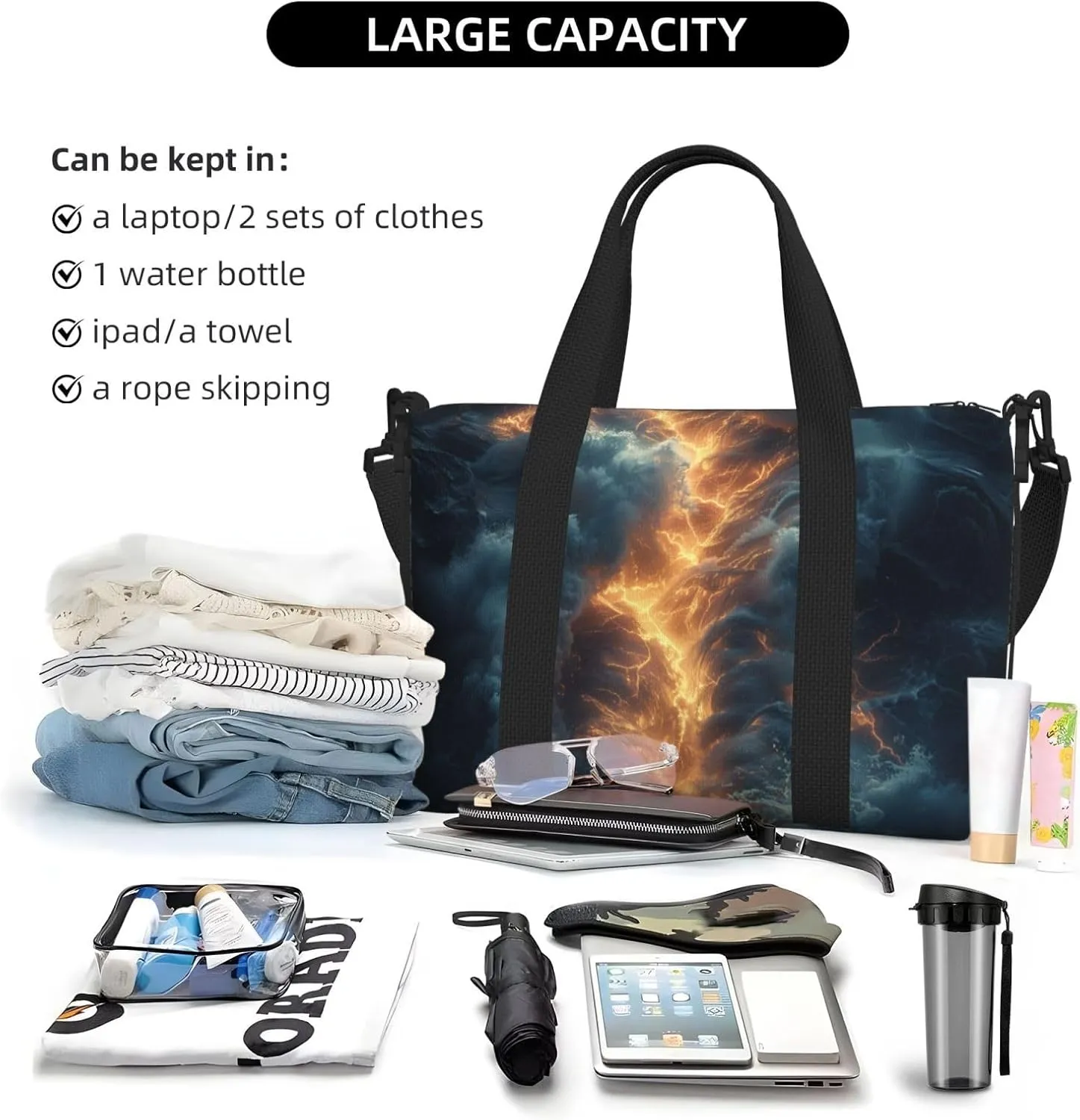 dramatic lightning print Travel Duffel Bag, Sports Tote Gym Bag, Swim Pool Bag Large Shoulder Tote Bag for Beach Weekender