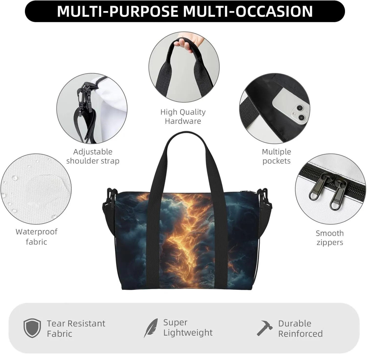 dramatic lightning print Travel Duffel Bag, Sports Tote Gym Bag, Swim Pool Bag Large Shoulder Tote Bag for Beach Weekender
