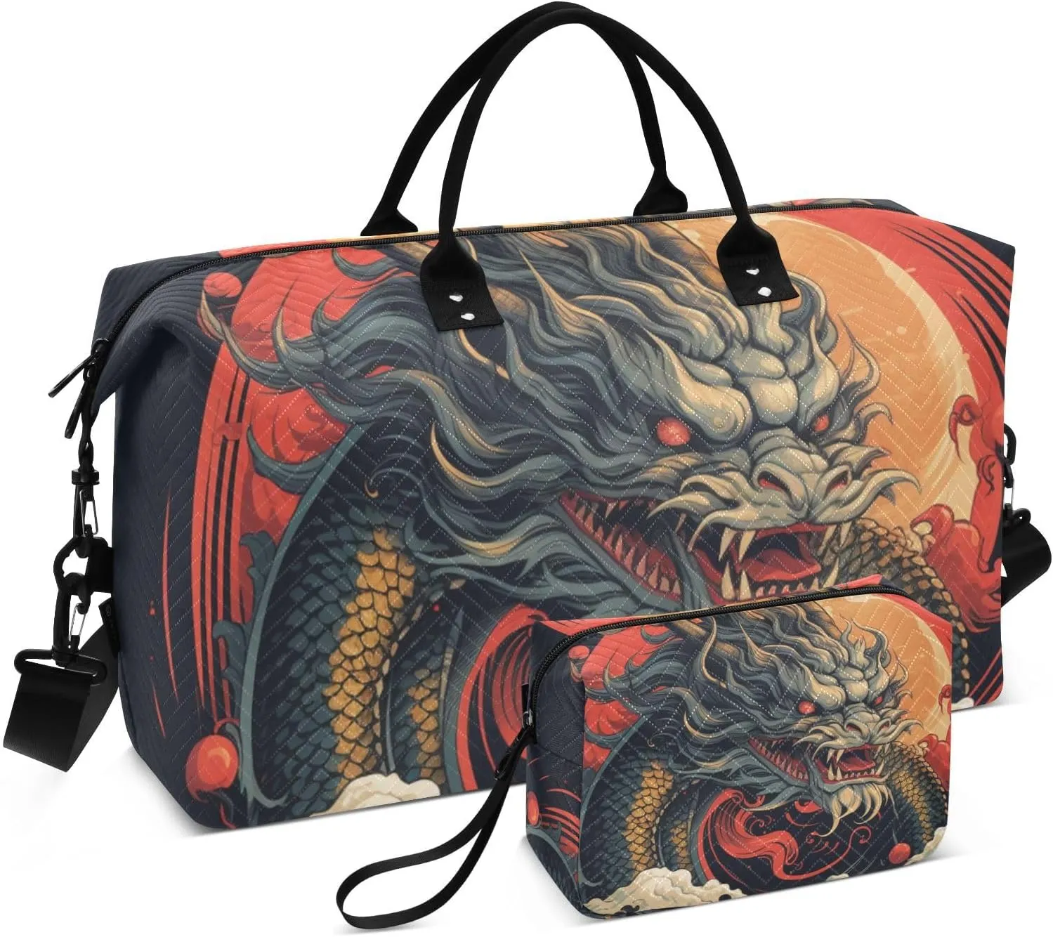 Duffel Bag Set with Toiletry Bag for Travel Gym Sport, Luggage Sleeve Weekender Bag Carry on Overnight Bag-Dragon Red Sun Print
