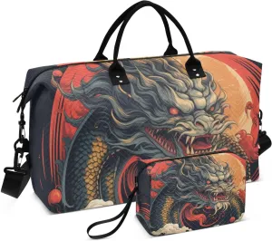 Duffel Bag Set with Toiletry Bag for Travel Gym Sport, Luggage Sleeve Weekender Bag Carry on Overnight Bag-Dragon Red Sun Print