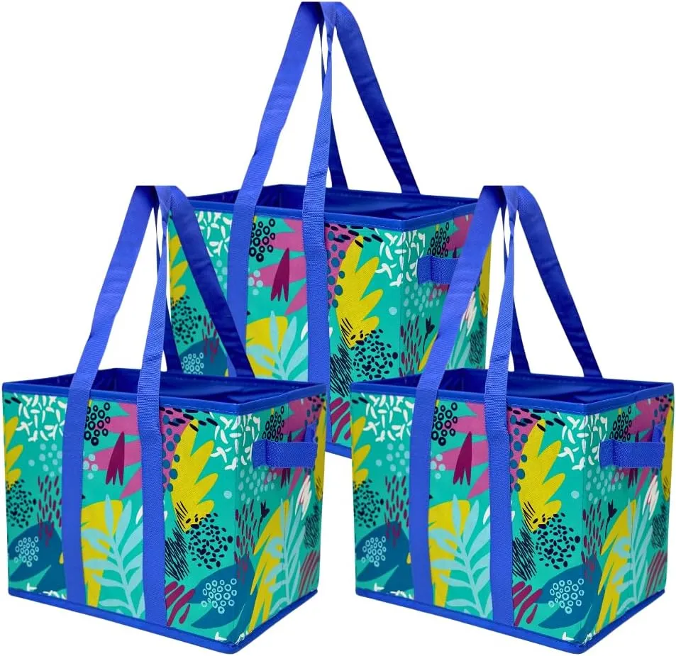 DURASACK Grocery Tote Bag 3-Pack All-Purpose Collapsible Tote Bags with Handles Kitchen Reusable Grocery Bags, Leaf