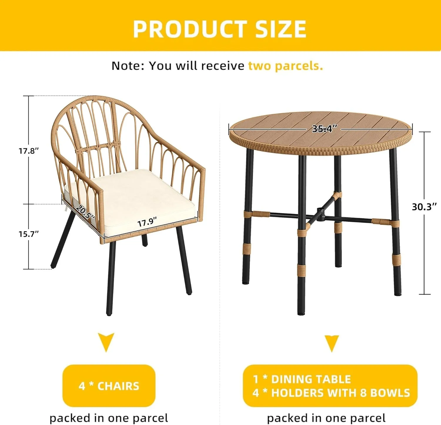 DWVO 5 Piece Patio Dining Sets, Outdoor Dining Furniture Set with 2" Umbrella Hole, Wicker Rattan Round Table and Chairs Set with Comfortable Cushions for Patio, Balcony, Backyard, Beige