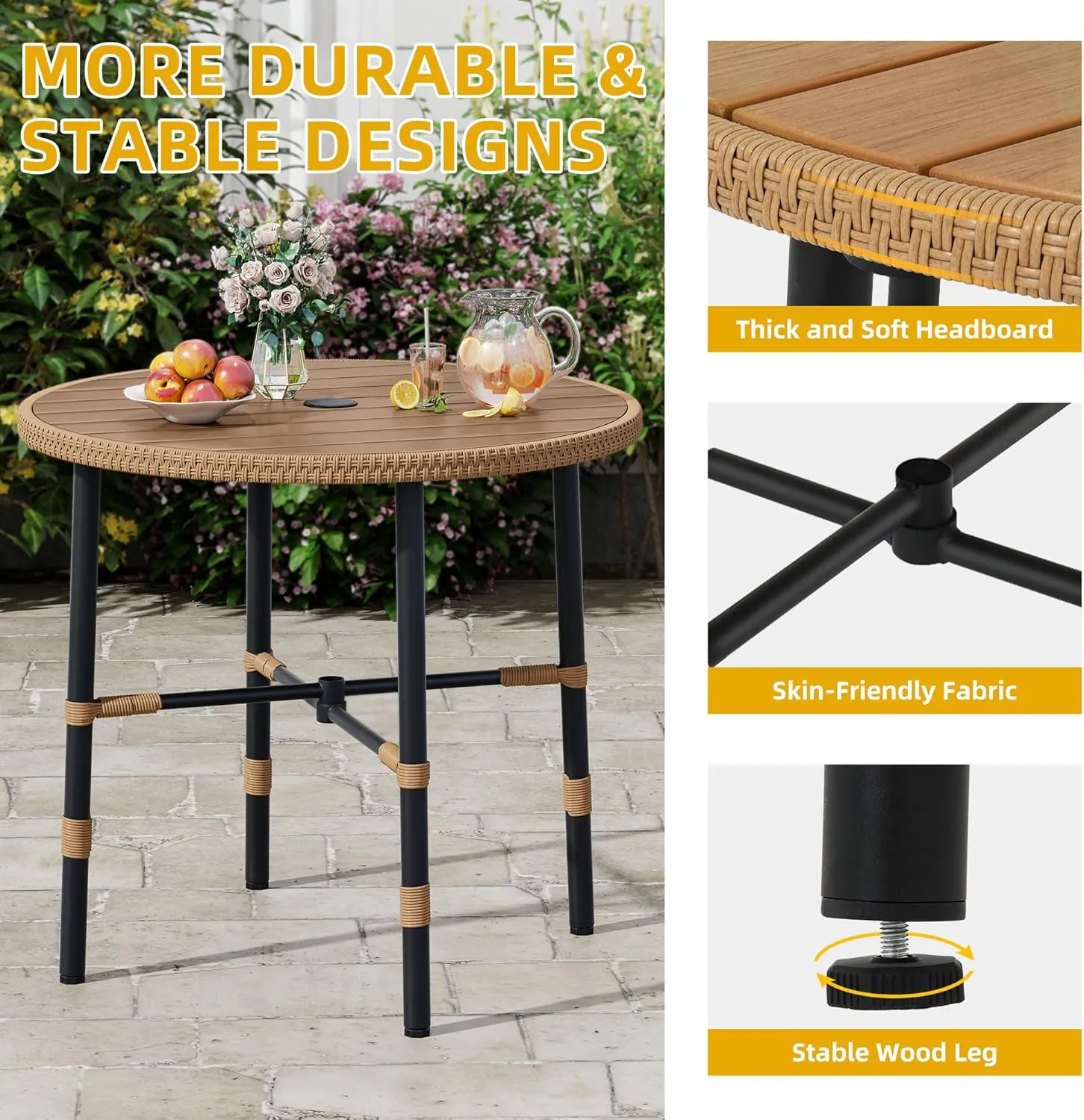 DWVO 5 Piece Patio Dining Sets, Outdoor Dining Furniture Set with 2" Umbrella Hole, Wicker Rattan Round Table and Chairs Set with Comfortable Cushions for Patio, Balcony, Backyard, Beige