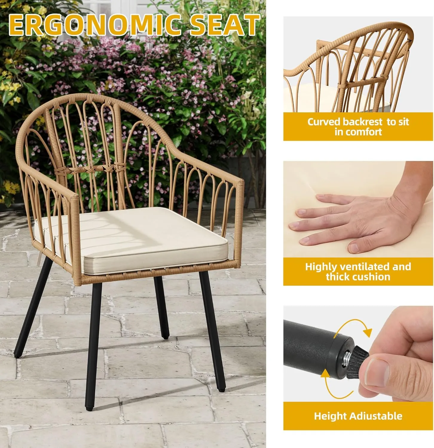 DWVO 5 Piece Patio Dining Sets, Outdoor Dining Furniture Set with 2" Umbrella Hole, Wicker Rattan Round Table and Chairs Set with Comfortable Cushions for Patio, Balcony, Backyard, Beige