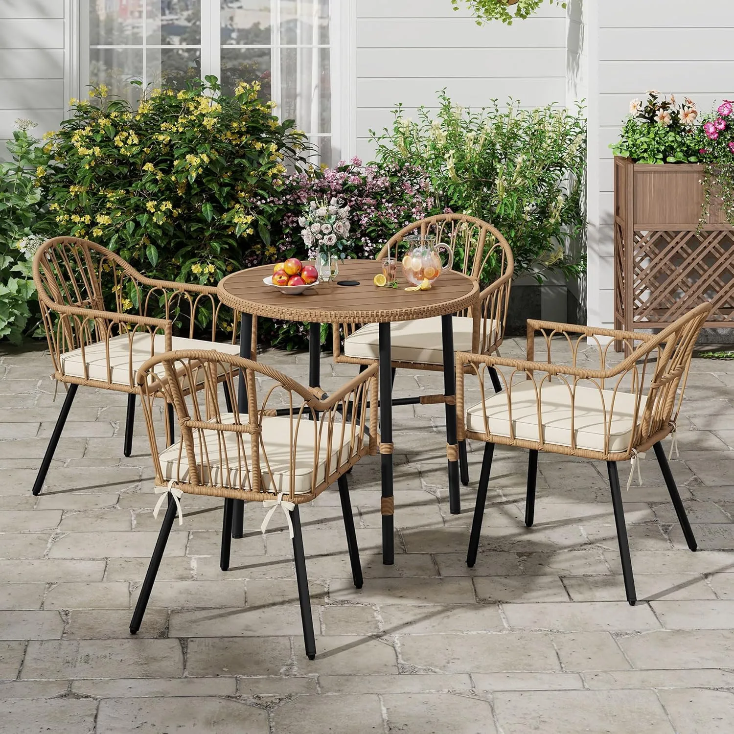 DWVO 5 Piece Patio Dining Sets, Outdoor Dining Furniture Set with 2" Umbrella Hole, Wicker Rattan Round Table and Chairs Set with Comfortable Cushions for Patio, Balcony, Backyard, Beige