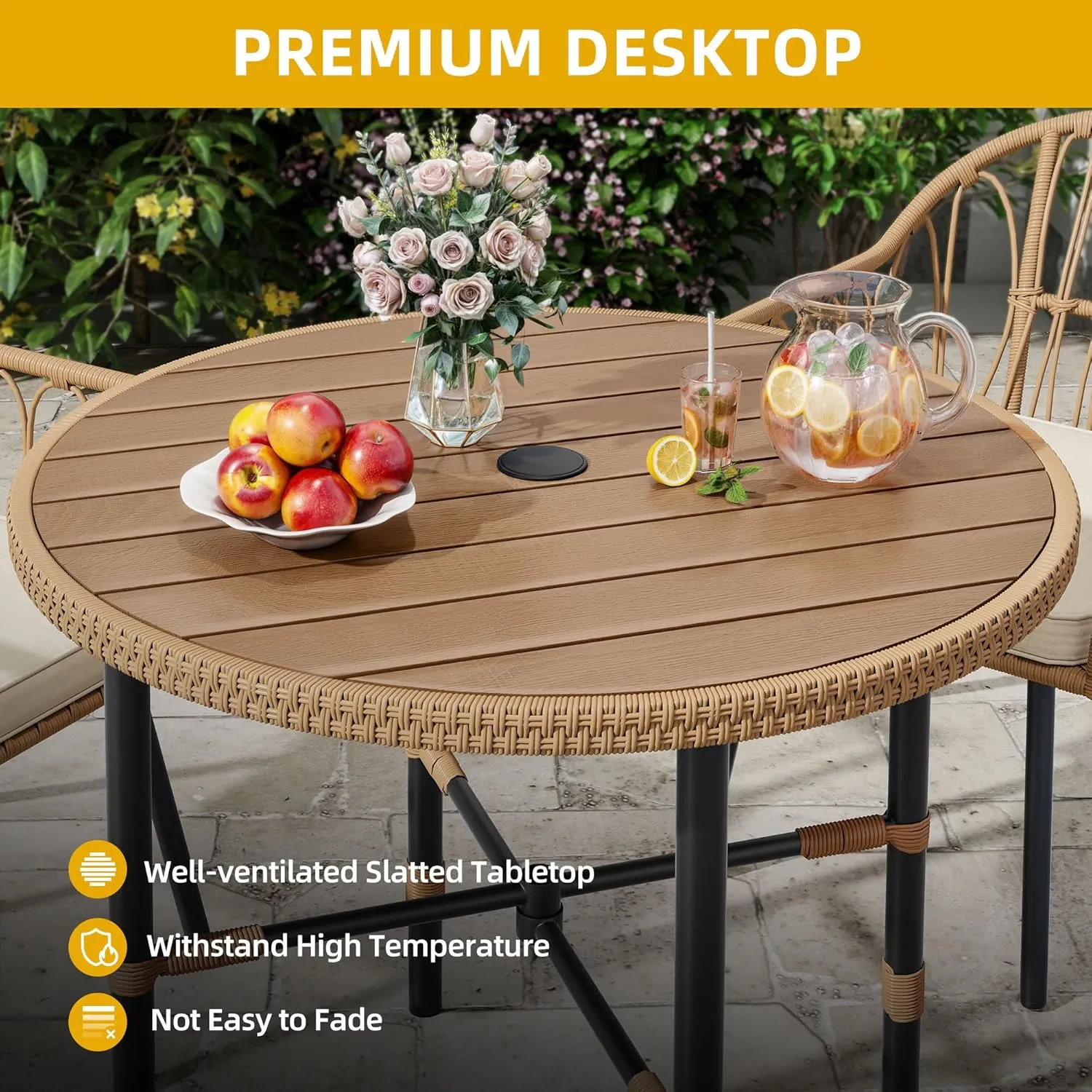 DWVO 5 Piece Patio Dining Sets, Outdoor Dining Furniture Set with 2" Umbrella Hole, Wicker Rattan Round Table and Chairs Set with Comfortable Cushions for Patio, Balcony, Backyard, Beige