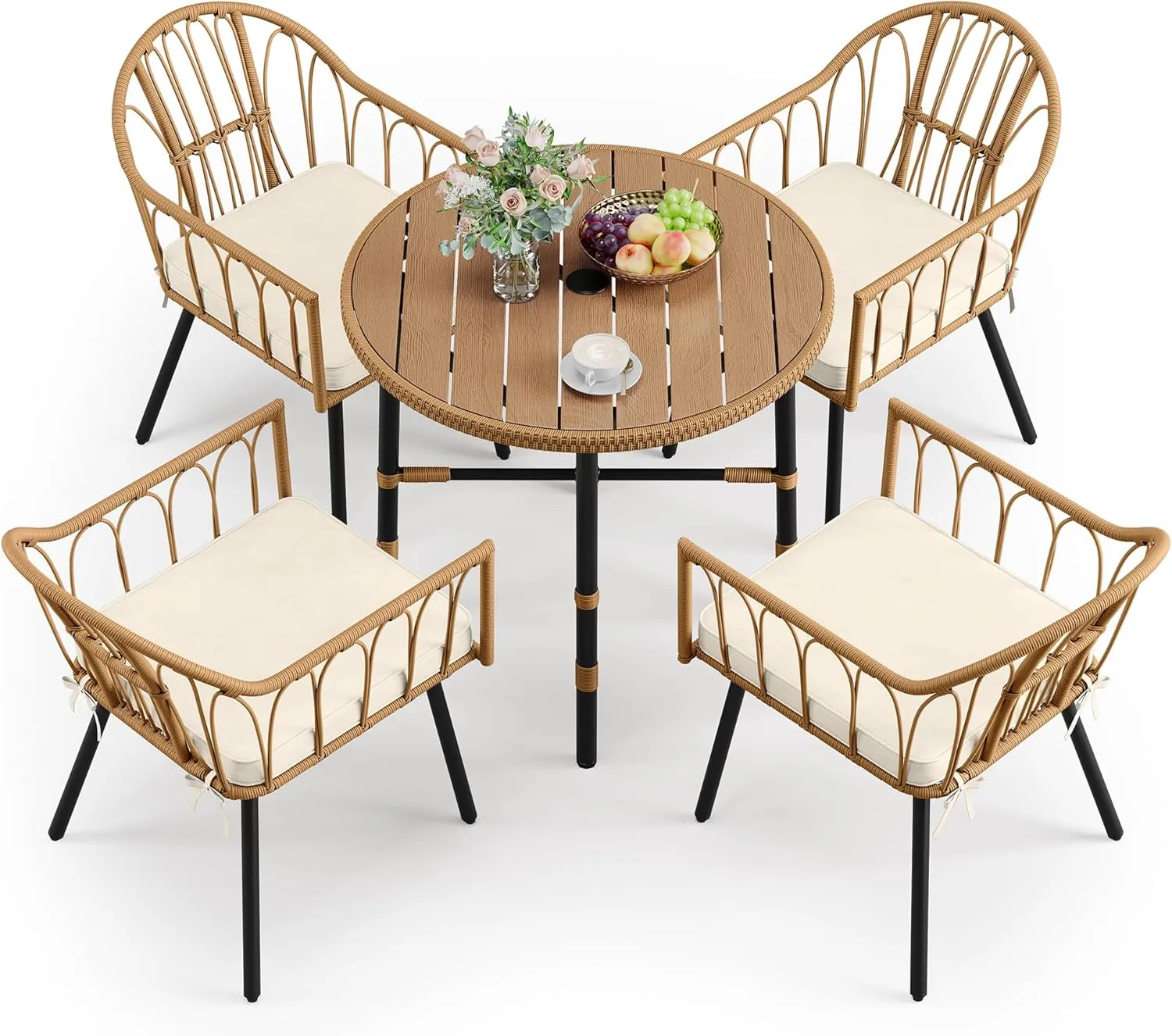 DWVO 5 Piece Patio Dining Sets, Outdoor Dining Furniture Set with 2" Umbrella Hole, Wicker Rattan Round Table and Chairs Set with Comfortable Cushions for Patio, Balcony, Backyard, Beige