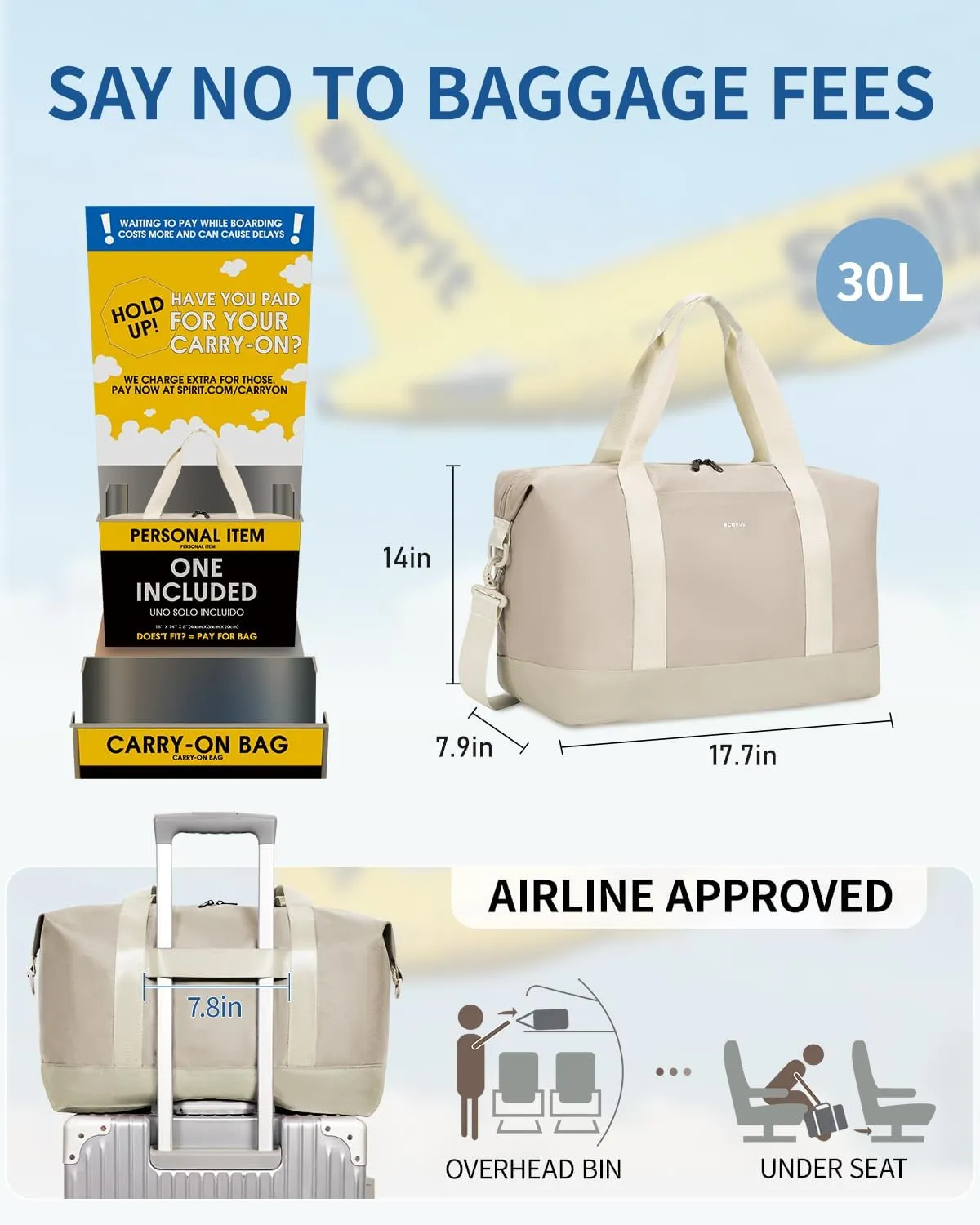 ECOHUB For Spirit Airlines Personal Item Bag 18x14x8 Underseat Carry on Bag with Removable TSA Approved Wet Bag, Travel Duffel Bags Weekender for Women, 30L (Beige)