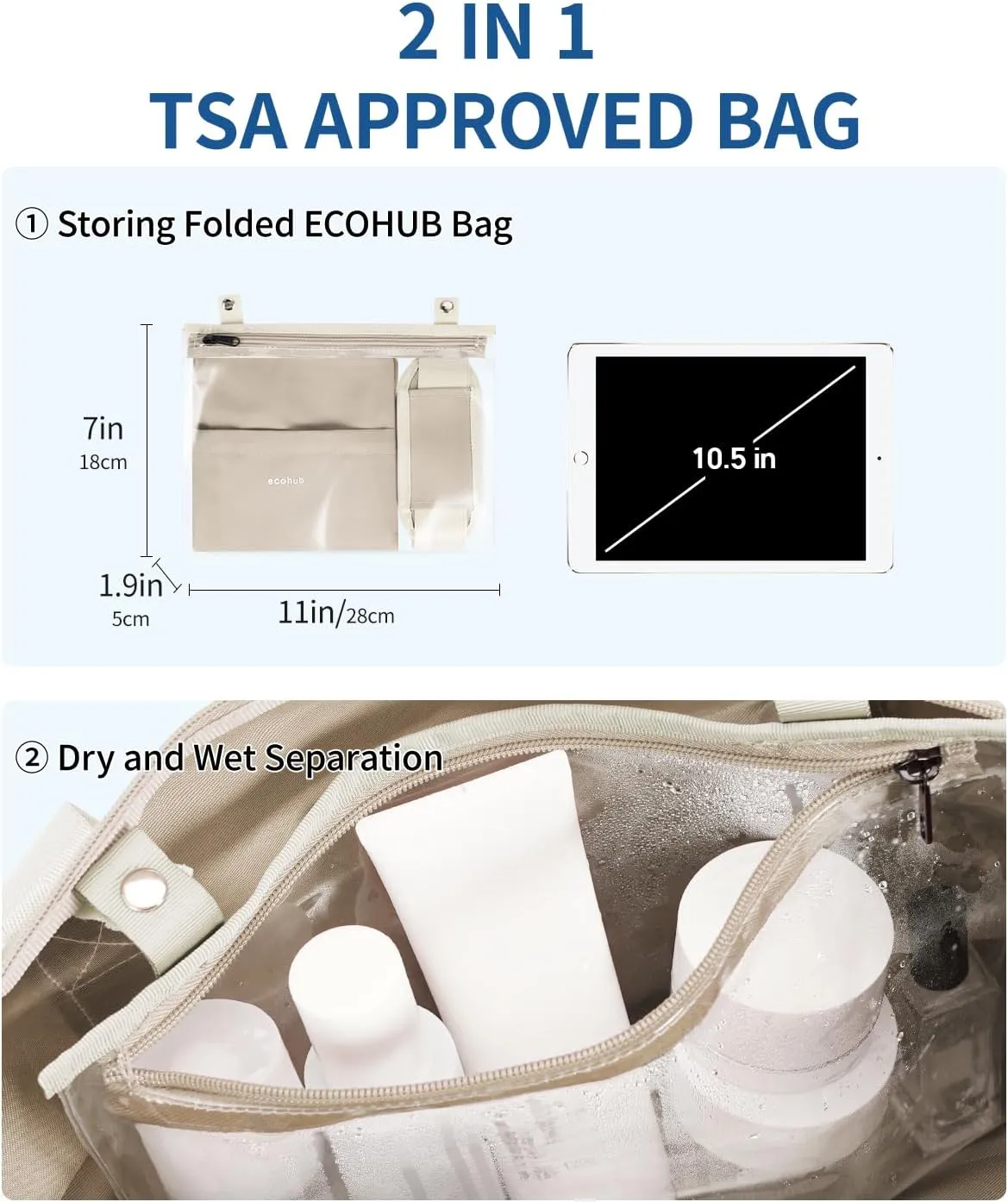 ECOHUB For Spirit Airlines Personal Item Bag 18x14x8 Underseat Carry on Bag with Removable TSA Approved Wet Bag, Travel Duffel Bags Weekender for Women, 30L (Beige)