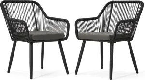 ECOTOUGE Set of 2 Patio Wicker Dining Chairs, All-Weather Woven Rattan & Iron Chairs w/Cushions & Armrests, 350lb Capacity Modern Outdoor Seating for Garden, Poolside, Balcony, Indoor Use, Grey/Black