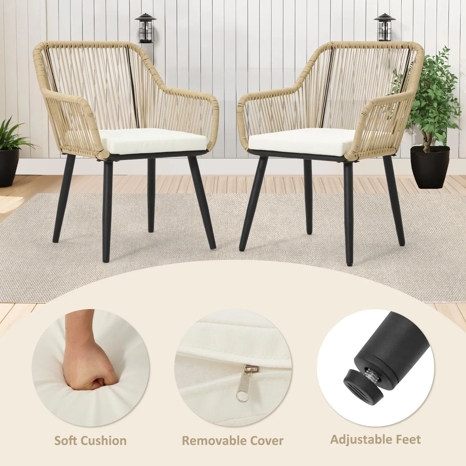 ECOTOUGE Set of 2 Patio Wicker Dining Chairs, All-Weather Woven Rattan & Iron Chairs w/Cushions & Armrests, 350lb Capacity Modern Outdoor Seating for Garden, Poolside, Balcony, White/Beige