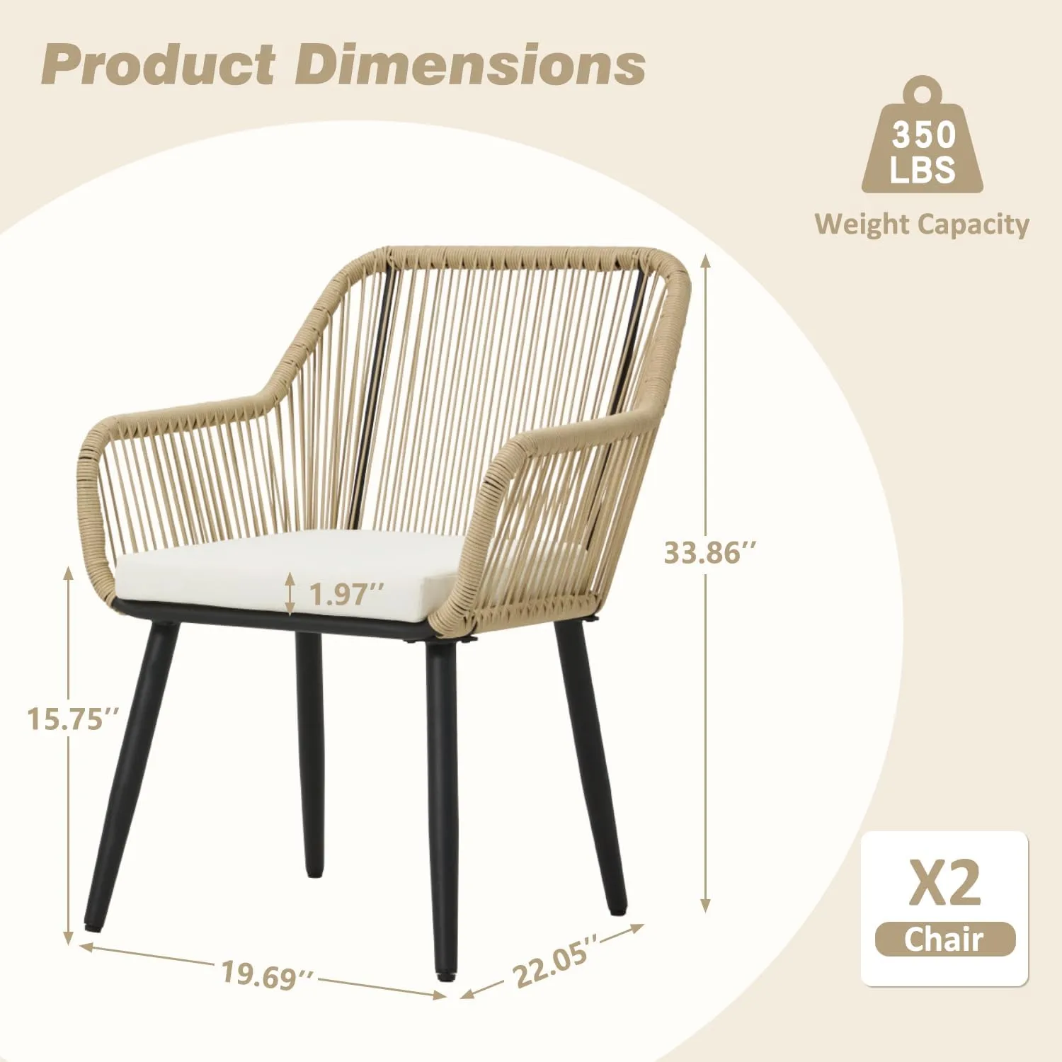 ECOTOUGE Set of 2 Patio Wicker Dining Chairs, All-Weather Woven Rattan & Iron Chairs w/Cushions & Armrests, 350lb Capacity Modern Outdoor Seating for Garden, Poolside, Balcony, White/Beige