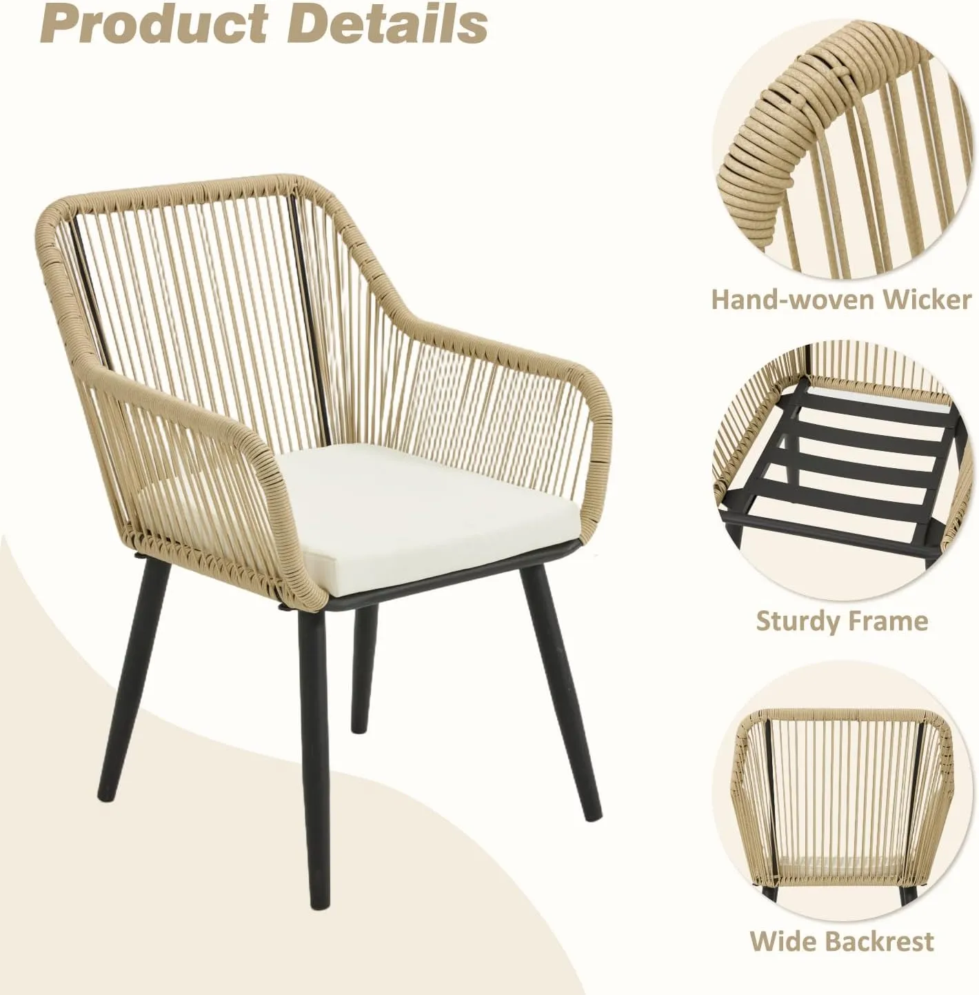 ECOTOUGE Set of 2 Patio Wicker Dining Chairs, All-Weather Woven Rattan & Iron Chairs w/Cushions & Armrests, 350lb Capacity Modern Outdoor Seating for Garden, Poolside, Balcony, White/Beige