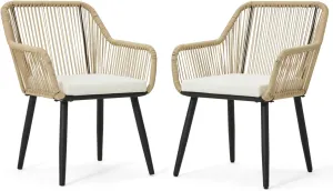 ECOTOUGE Set of 2 Patio Wicker Dining Chairs, All-Weather Woven Rattan & Iron Chairs w/Cushions & Armrests, 350lb Capacity Modern Outdoor Seating for Garden, Poolside, Balcony, White/Beige