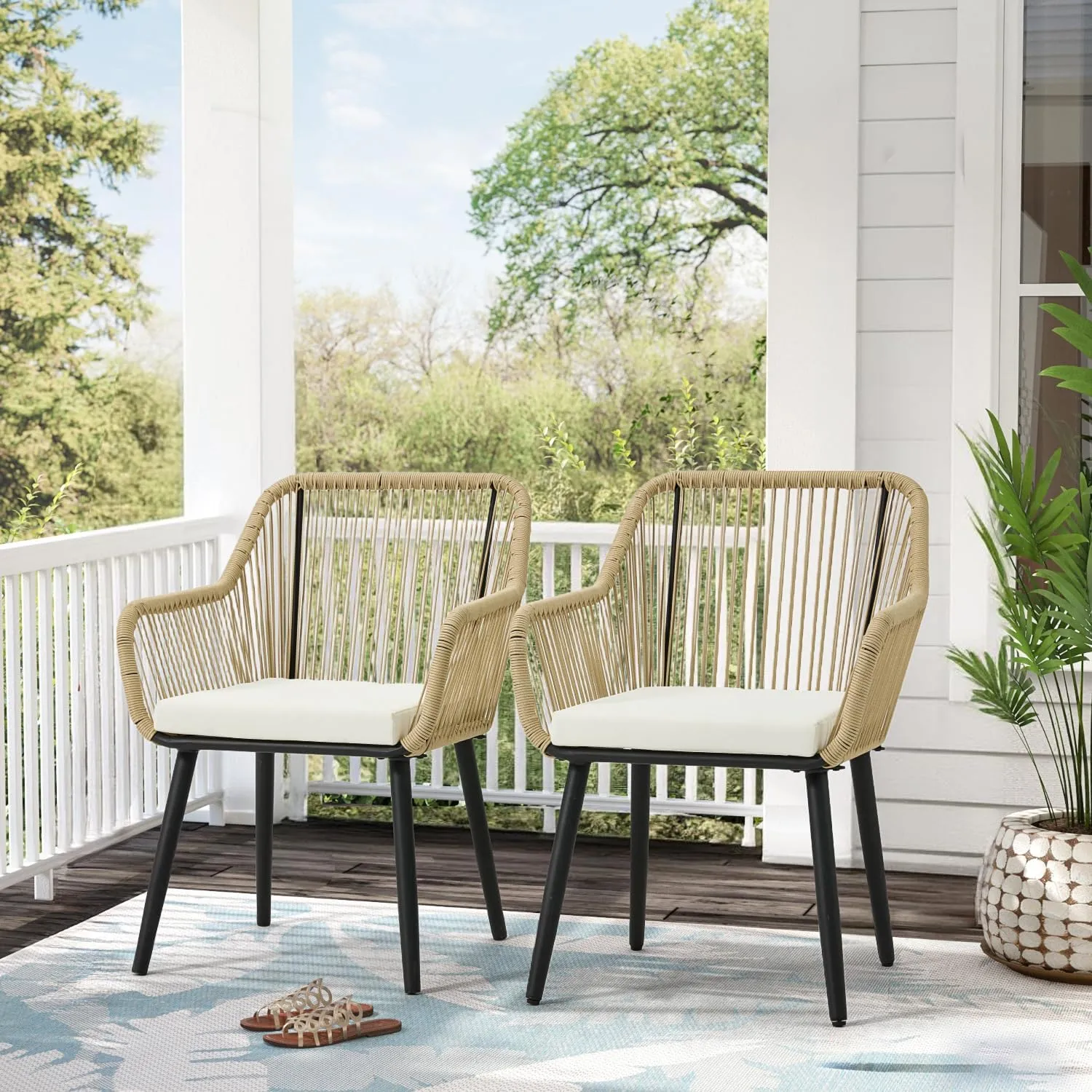 ECOTOUGE Set of 2 Patio Wicker Dining Chairs, All-Weather Woven Rattan & Iron Chairs w/Cushions & Armrests, 350lb Capacity Modern Outdoor Seating for Garden, Poolside, Balcony, White/Beige
