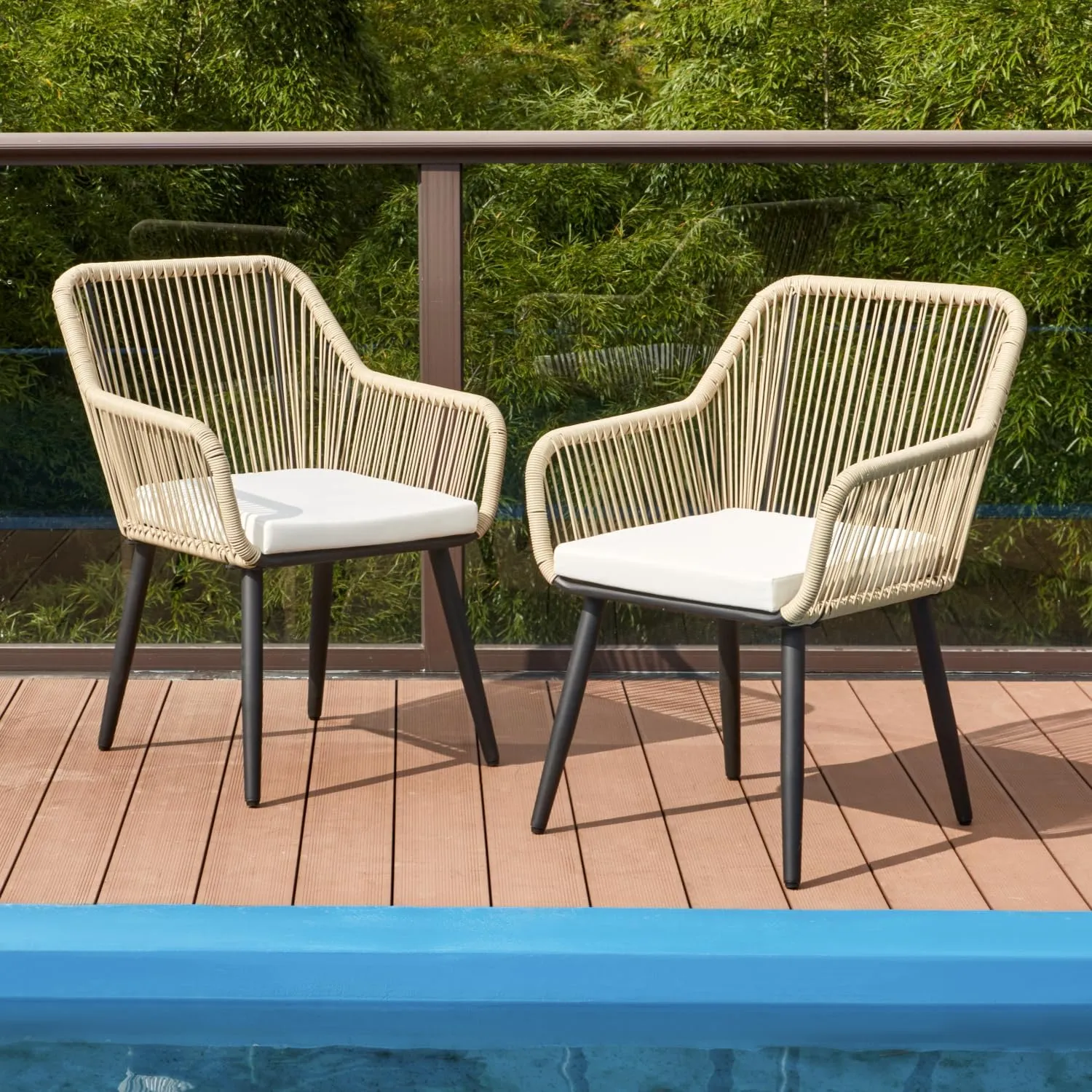 ECOTOUGE Set of 2 Patio Wicker Dining Chairs, All-Weather Woven Rattan & Iron Chairs w/Cushions & Armrests, 350lb Capacity Modern Outdoor Seating for Garden, Poolside, Balcony, White/Beige