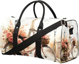 Eiffel Tower Bicycle Travel Duffel Bag for Women Men Waterproof Foldable Overnight Weekender Bag Large Capacity Sports Gym Bag