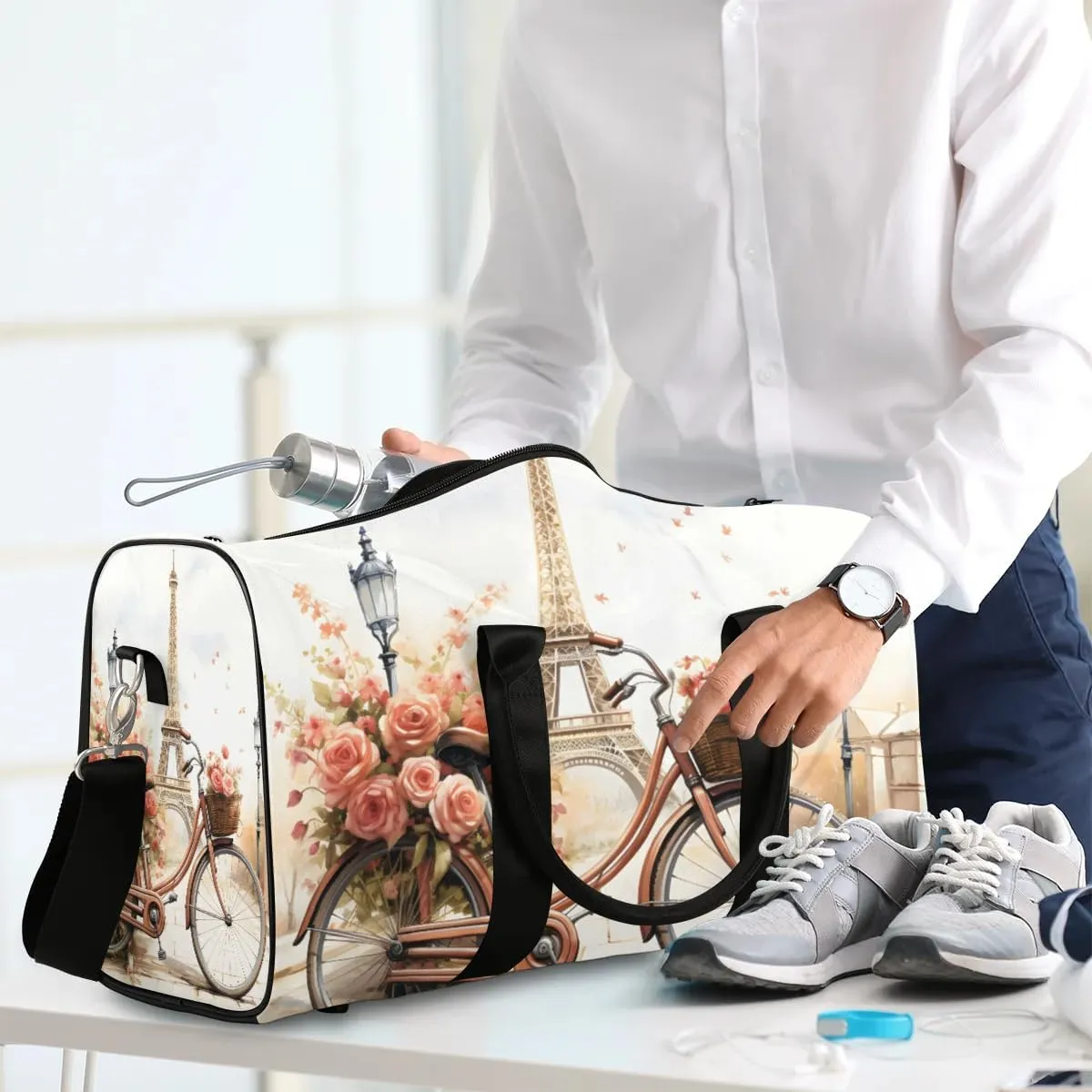 Eiffel Tower Bicycle Travel Duffel Bag for Women Men Waterproof Foldable Overnight Weekender Bag Large Capacity Sports Gym Bag