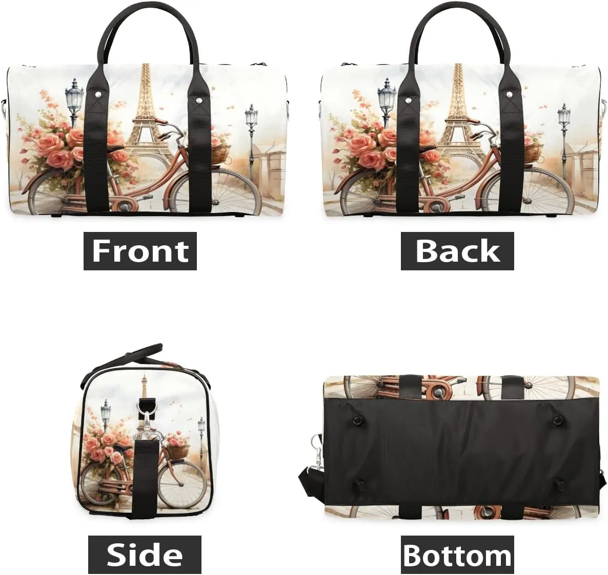 Eiffel Tower Bicycle Travel Duffel Bag for Women Men Waterproof Foldable Overnight Weekender Bag Large Capacity Sports Gym Bag