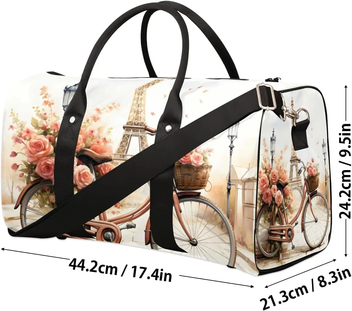 Eiffel Tower Bicycle Travel Duffel Bag for Women Men Waterproof Foldable Overnight Weekender Bag Large Capacity Sports Gym Bag