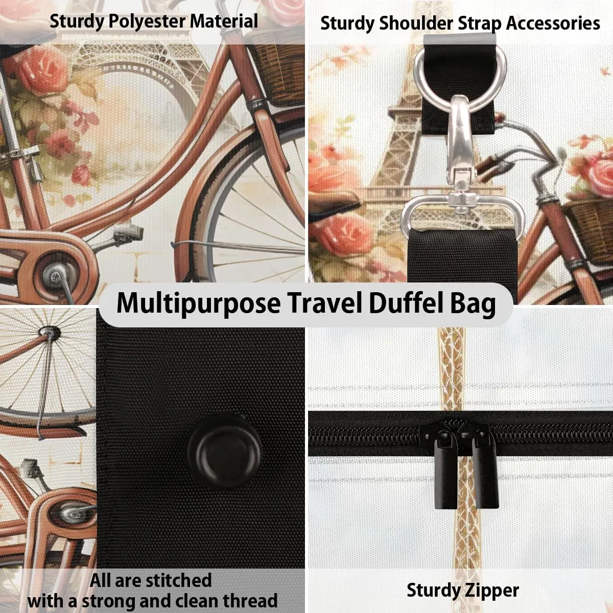 Eiffel Tower Bicycle Travel Duffel Bag for Women Men Waterproof Foldable Overnight Weekender Bag Large Capacity Sports Gym Bag