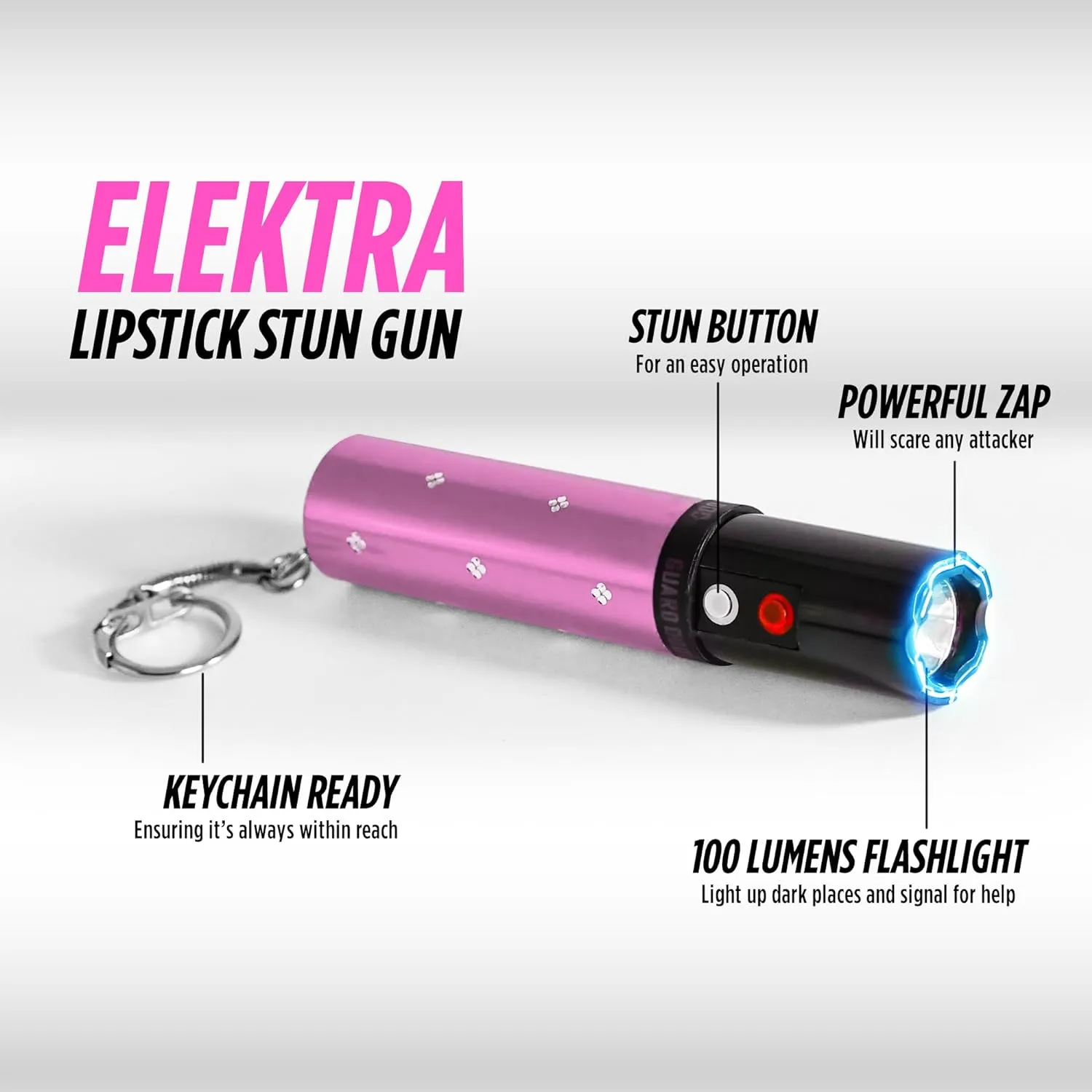 Electra Lipstick Mini Stun Gun for Women Self Defense, Discreet and Powerful Stun Gun Keychain with Flashlight, Maximum Voltage, Recharcheable Battery by Guard Dog Security