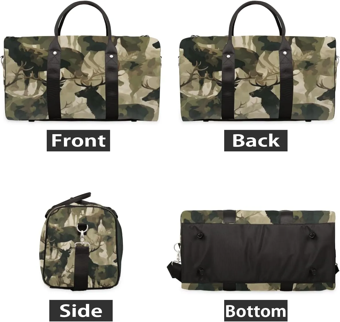 Elk Camouflage Travel Duffle Bag for Women Men Gym Duffel Foldable Bag Waterproof Weekender Green Camo Duffle Tote