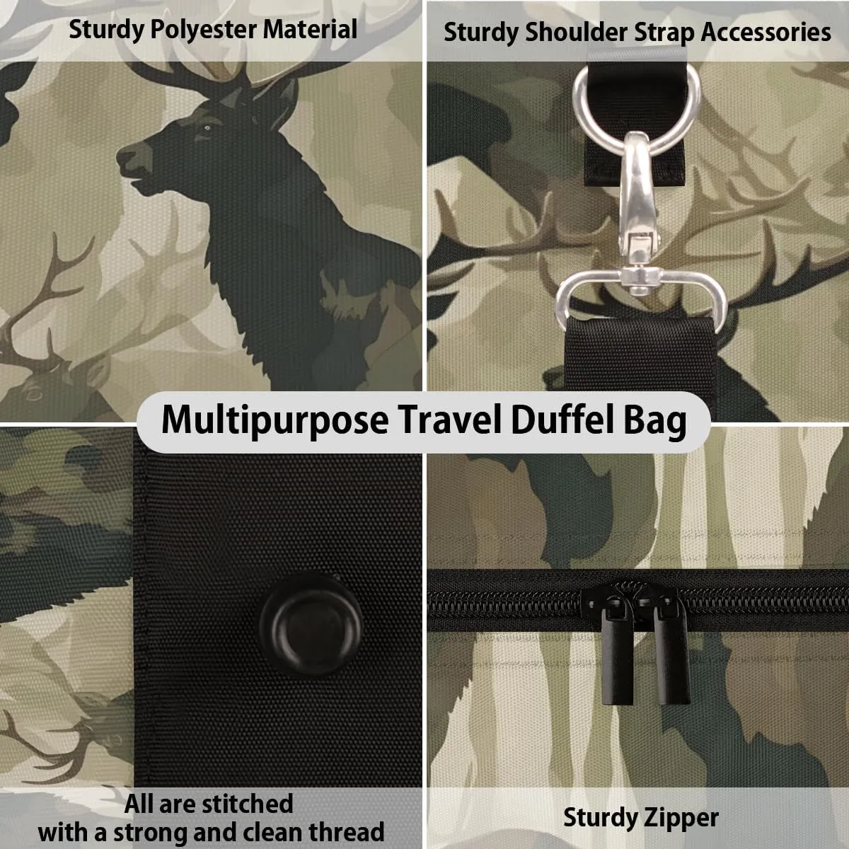 Elk Camouflage Travel Duffle Bag for Women Men Gym Duffel Foldable Bag Waterproof Weekender Green Camo Duffle Tote