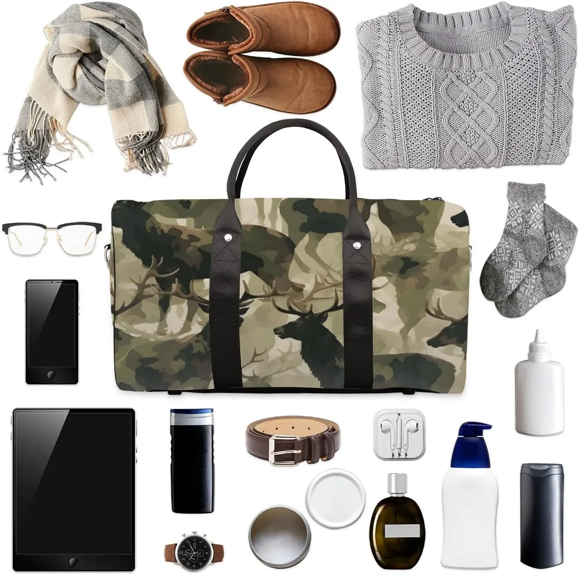 Elk Camouflage Travel Duffle Bag for Women Men Gym Duffel Foldable Bag Waterproof Weekender Green Camo Duffle Tote