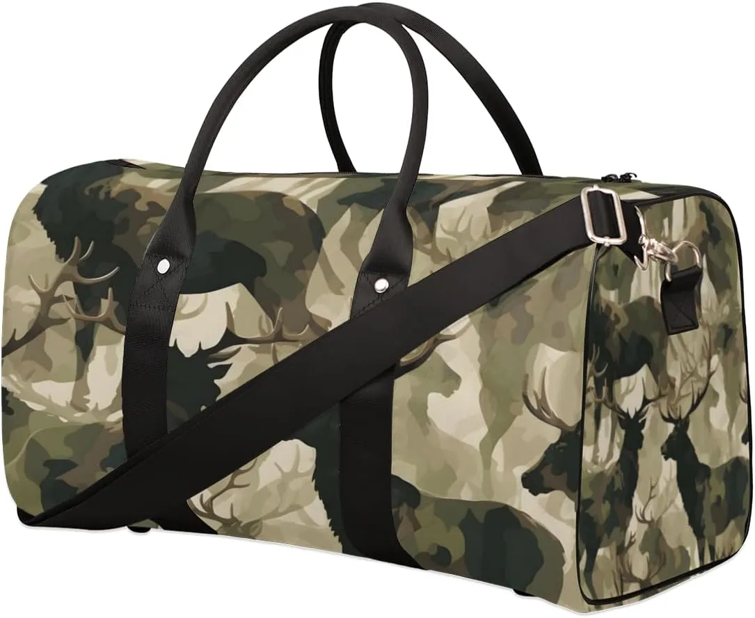 Elk Camouflage Travel Duffle Bag for Women Men Gym Duffel Foldable Bag Waterproof Weekender Green Camo Duffle Tote