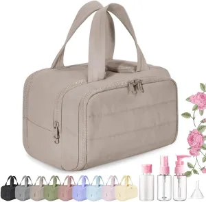 Elouva Toiletry Bag, Large Capacity Wide-Open Travel Cosmetic Bag, Standing Makeup Bag – Portable, Large Capacity, for Accessories, Essentials, Toiletries (Brown)