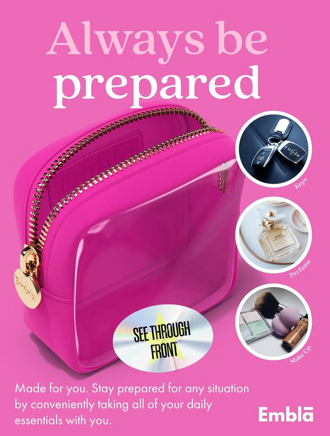 Embla Clear Cosmetic Bag Makeup Case, Clear Zipper Make Up Pouch and Toiletry Travel Tote, Cute Skincare Pouches for Women Girls, Preppy Purse Cosmetic Organizer, Mini Makeup Bags, Fuchsia