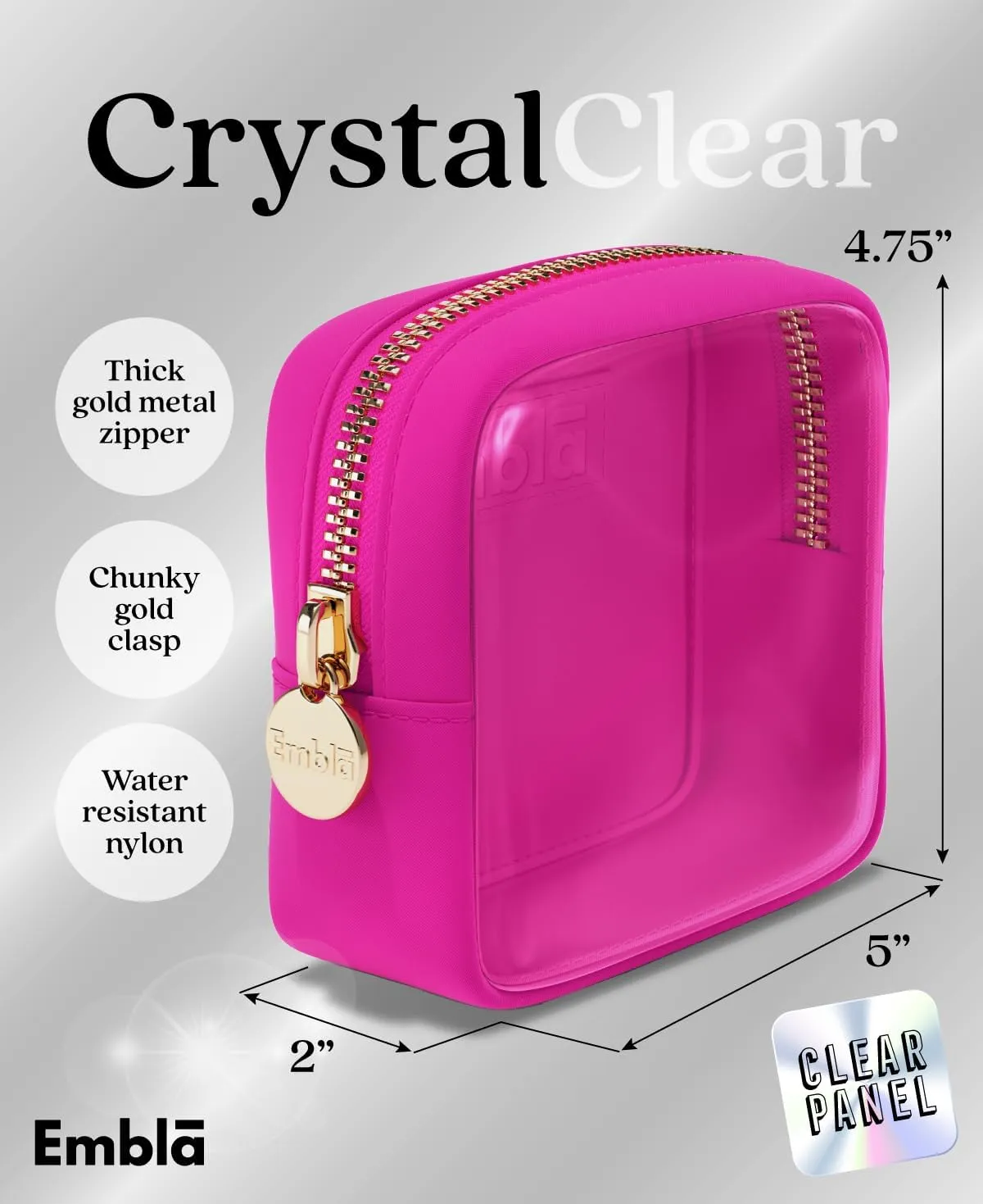 Embla Clear Cosmetic Bag Makeup Case, Clear Zipper Make Up Pouch and Toiletry Travel Tote, Cute Skincare Pouches for Women Girls, Preppy Purse Cosmetic Organizer, Mini Makeup Bags, Fuchsia