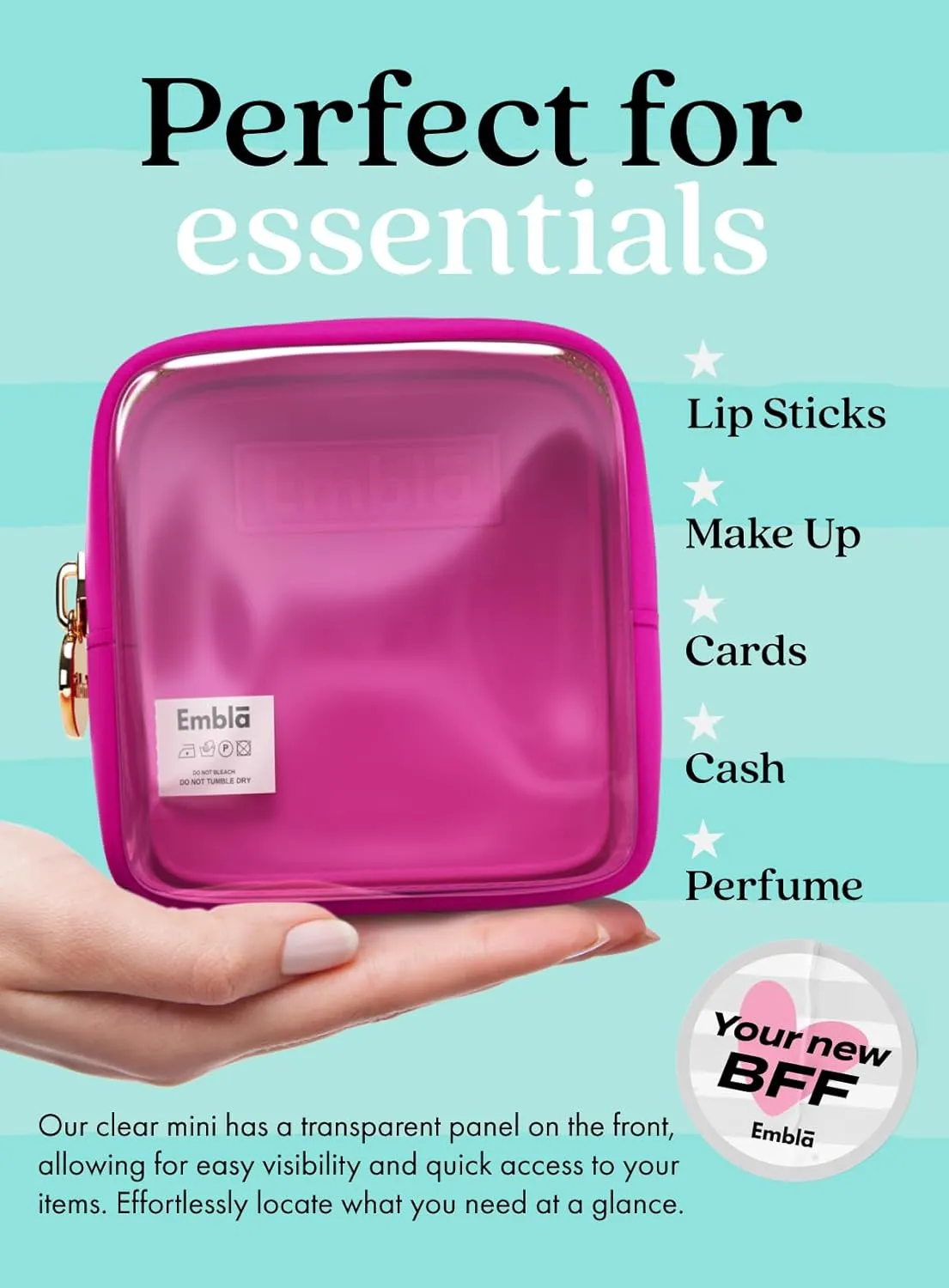 Embla Clear Cosmetic Bag Makeup Case, Clear Zipper Make Up Pouch and Toiletry Travel Tote, Cute Skincare Pouches for Women Girls, Preppy Purse Cosmetic Organizer, Mini Makeup Bags, Fuchsia