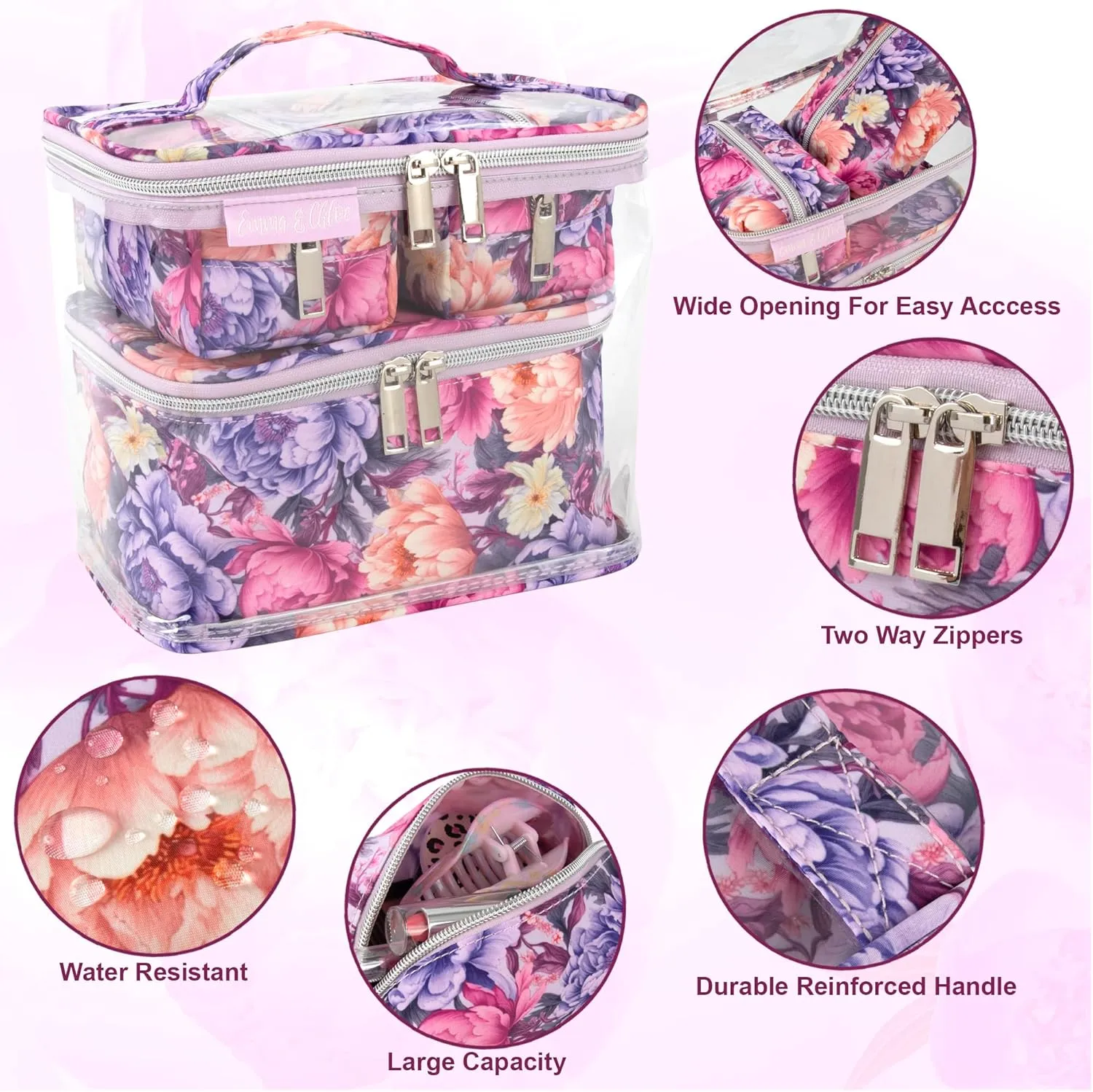 Emma & Chloe Travel Toiletry Bags for Women, 4 Piece Waterproof Cosmetic Case, Set, Pouch Makeup Organizer Bags for Women, Home Counters (Garden Blooms)