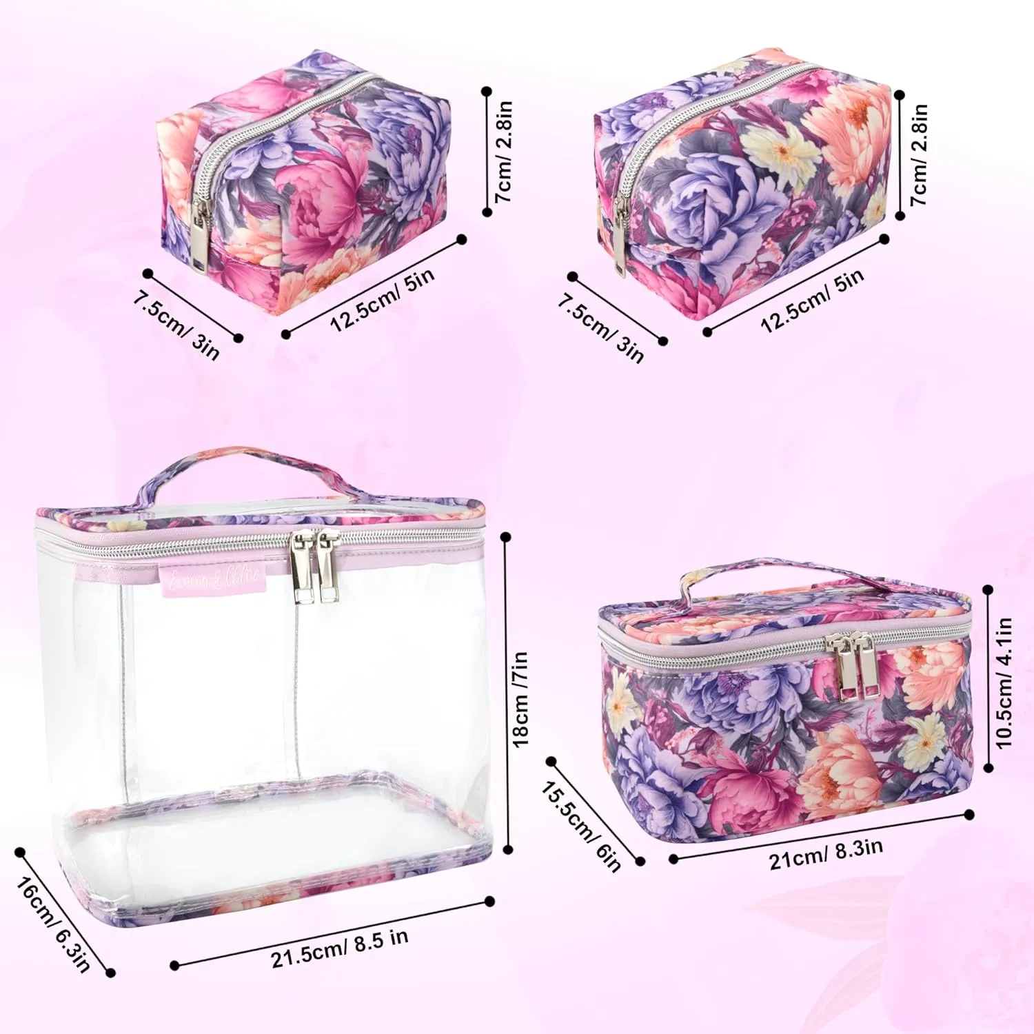 Emma & Chloe Travel Toiletry Bags for Women, 4 Piece Waterproof Cosmetic Case, Set, Pouch Makeup Organizer Bags for Women, Home Counters (Garden Blooms)