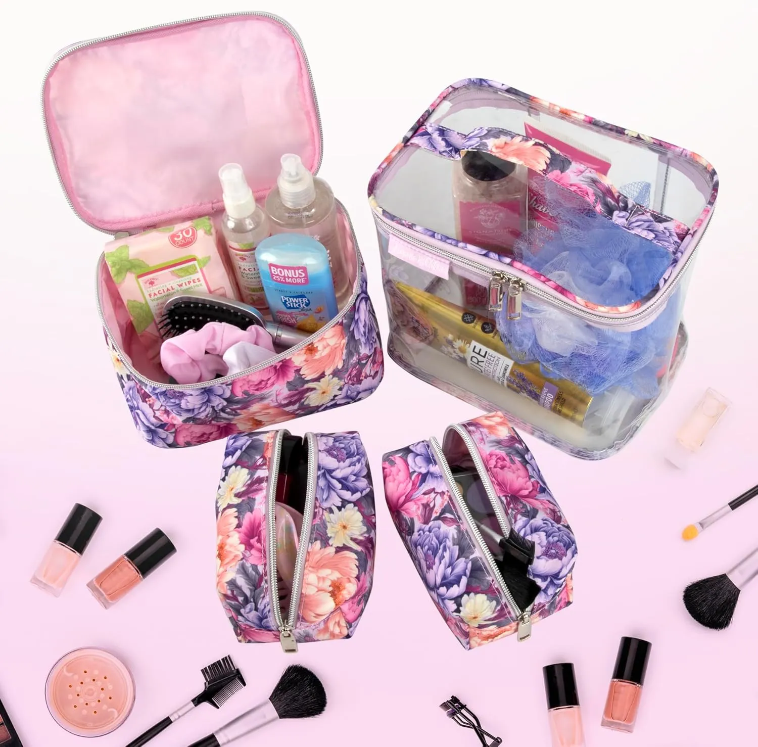 Emma & Chloe Travel Toiletry Bags for Women, 4 Piece Waterproof Cosmetic Case, Set, Pouch Makeup Organizer Bags for Women, Home Counters (Garden Blooms)