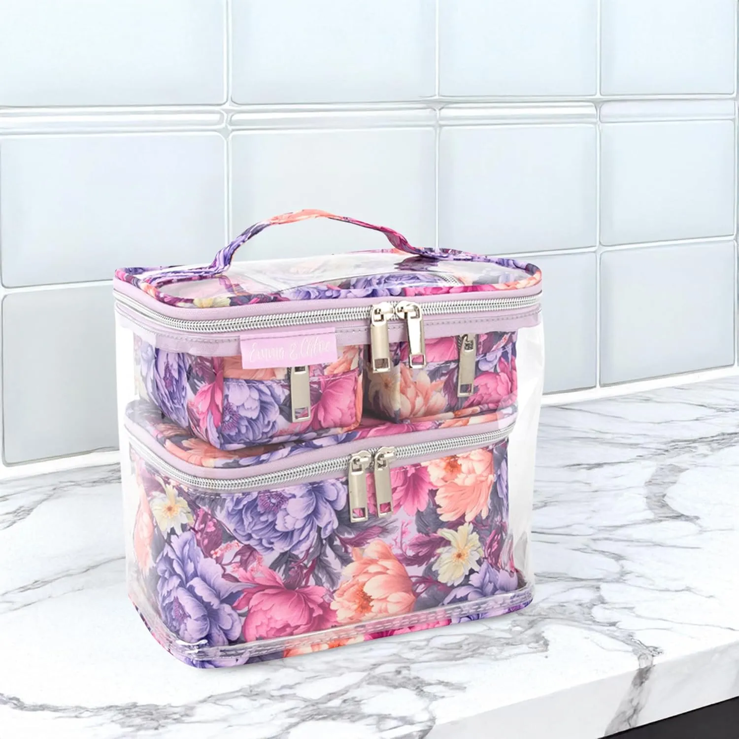 Emma & Chloe Travel Toiletry Bags for Women, 4 Piece Waterproof Cosmetic Case, Set, Pouch Makeup Organizer Bags for Women, Home Counters (Garden Blooms)