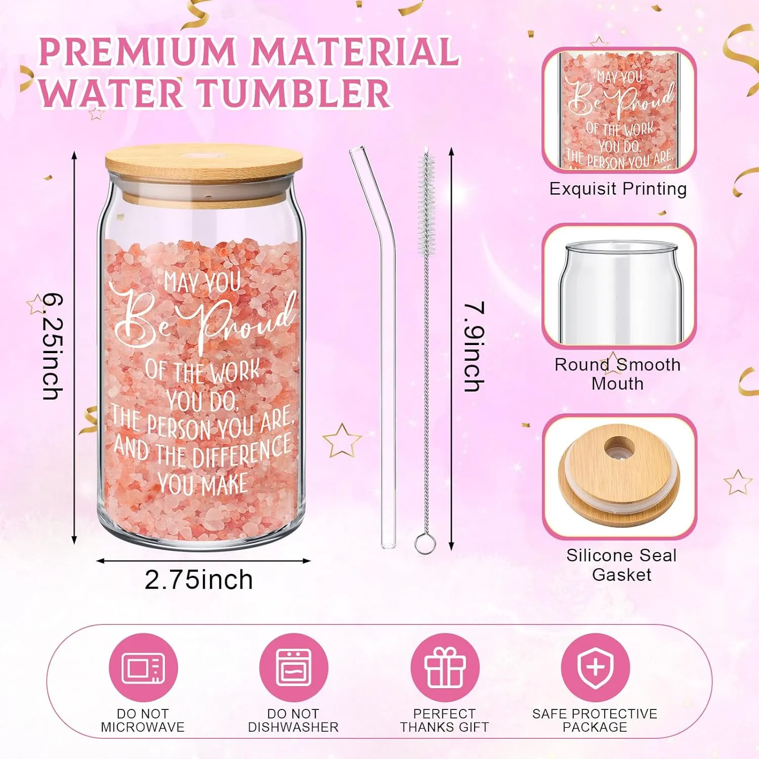 Employee Appreciation Gift for Women Men Thank You Gift for Being Awesome 16 oz Glass Cup Inspirational Notebook Ballpoint Pen Makeup Bag Keychain for Staff Coworker Teacher Nurse (Pink)