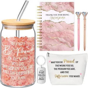 Employee Appreciation Gift for Women Men Thank You Gift for Being Awesome 16 oz Glass Cup Inspirational Notebook Ballpoint Pen Makeup Bag Keychain for Staff Coworker Teacher Nurse (Pink)